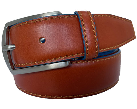 TAN WITH BLUE ACCENTS CALF LEATHER BELT 35MM