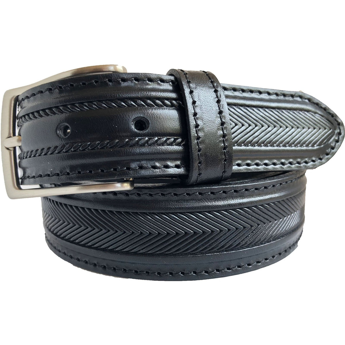 Black 35mm Italian Leather Belt Herringbone Texture