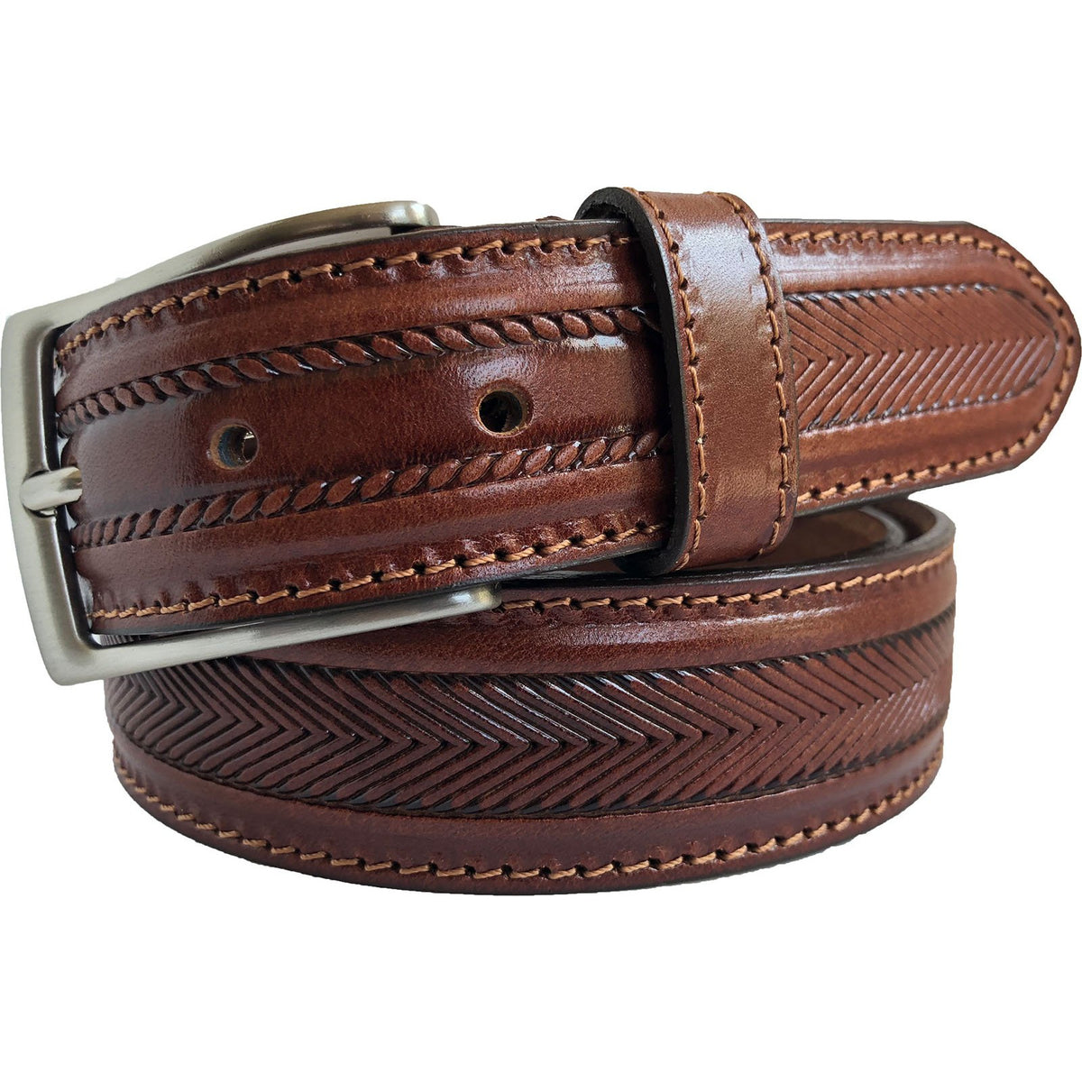 Cognac Tan 35mm Italian Leather Belt Herringbone Texture