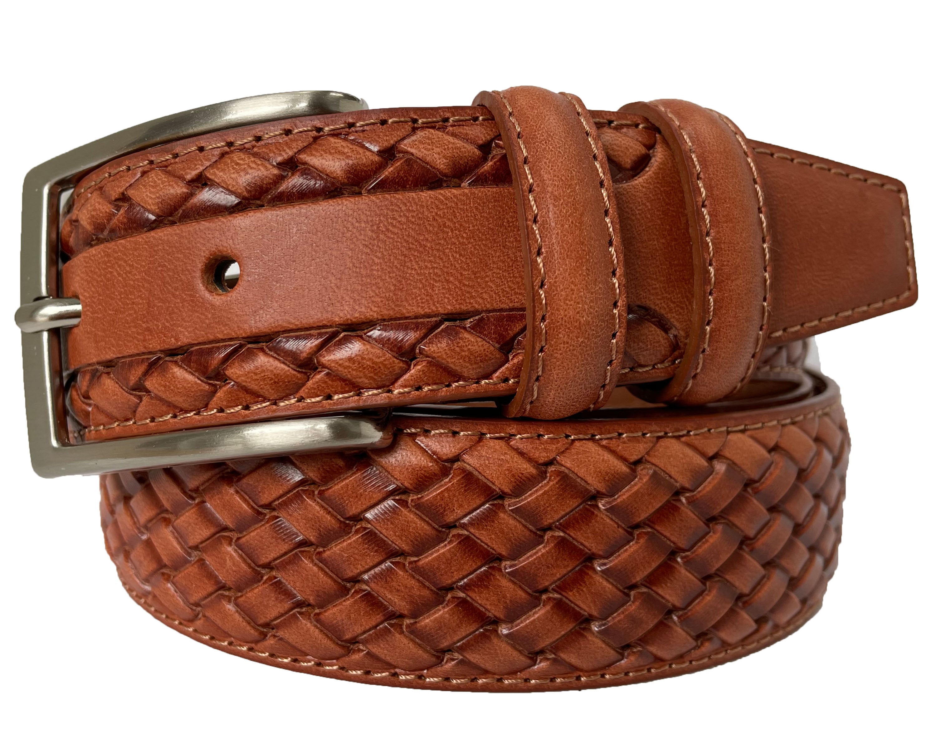 TWO TONE TAN CALF LEATHER BRAID WEAVE EMBOSSED 35MM LEATHER BELT