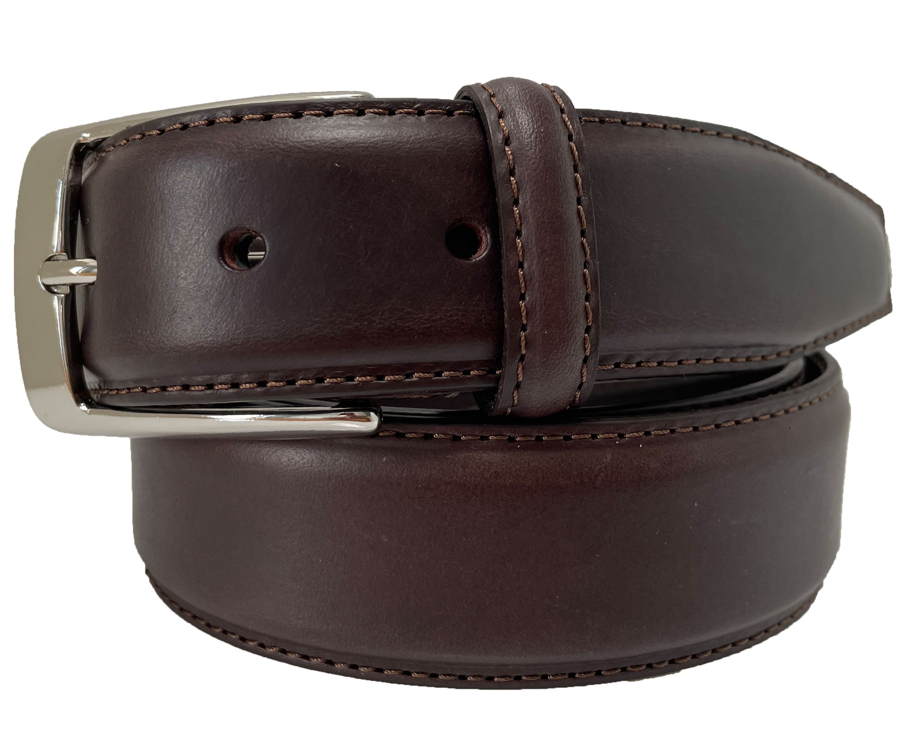 BROWN CALF LEATHER BELT SILVER BUCKLE 35MM