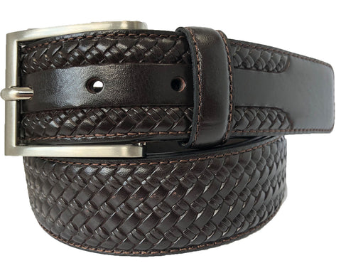 BROWN CALF LEATHER WEAVED EMBOSS 35MM LEATHER BELT