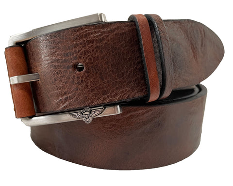 TAN BROWN DISTRESSED HIDE LEATHER BELT WITH LEATHER EAGLE BUCKLE TAB 40MM