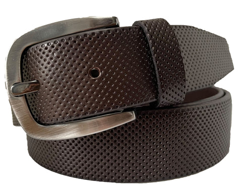 BROWN LEATHER BELT PERFORATED EMBOSSED HIDE 35MM