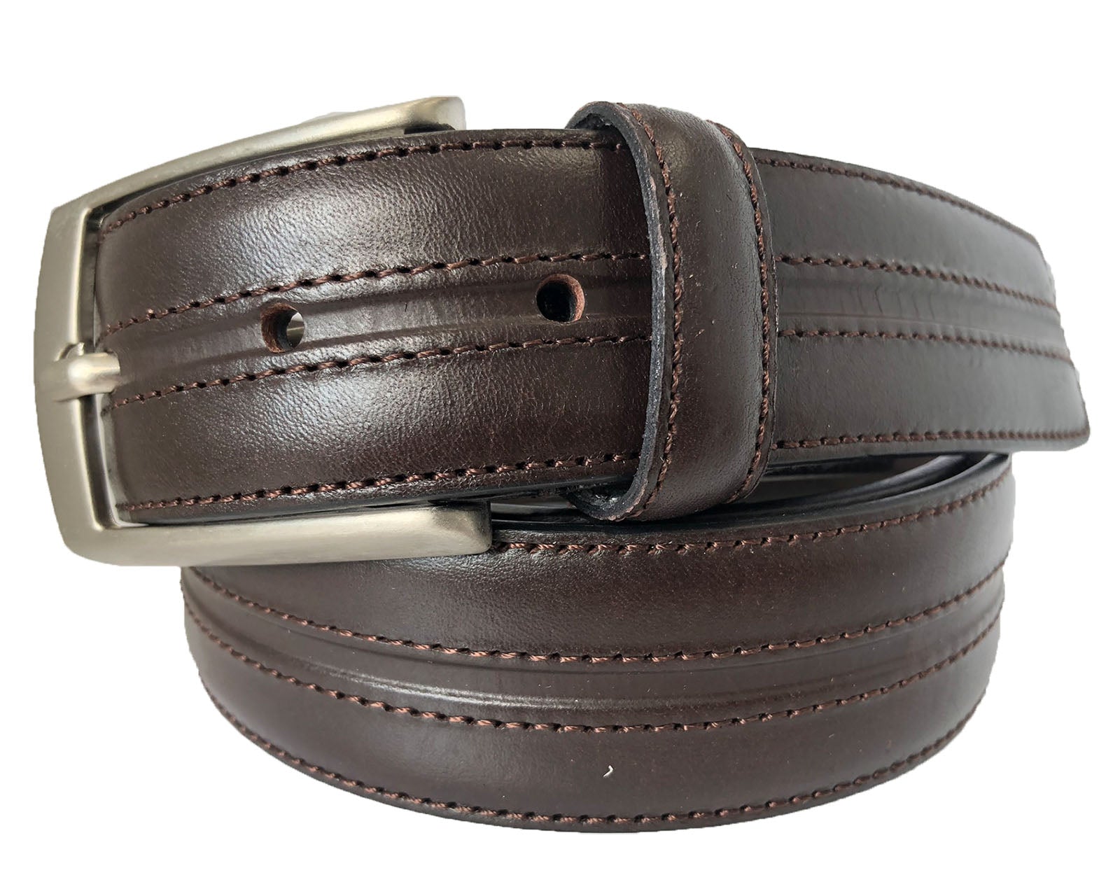 BROWN LINE STITCHED 35MM LEATHER BELT