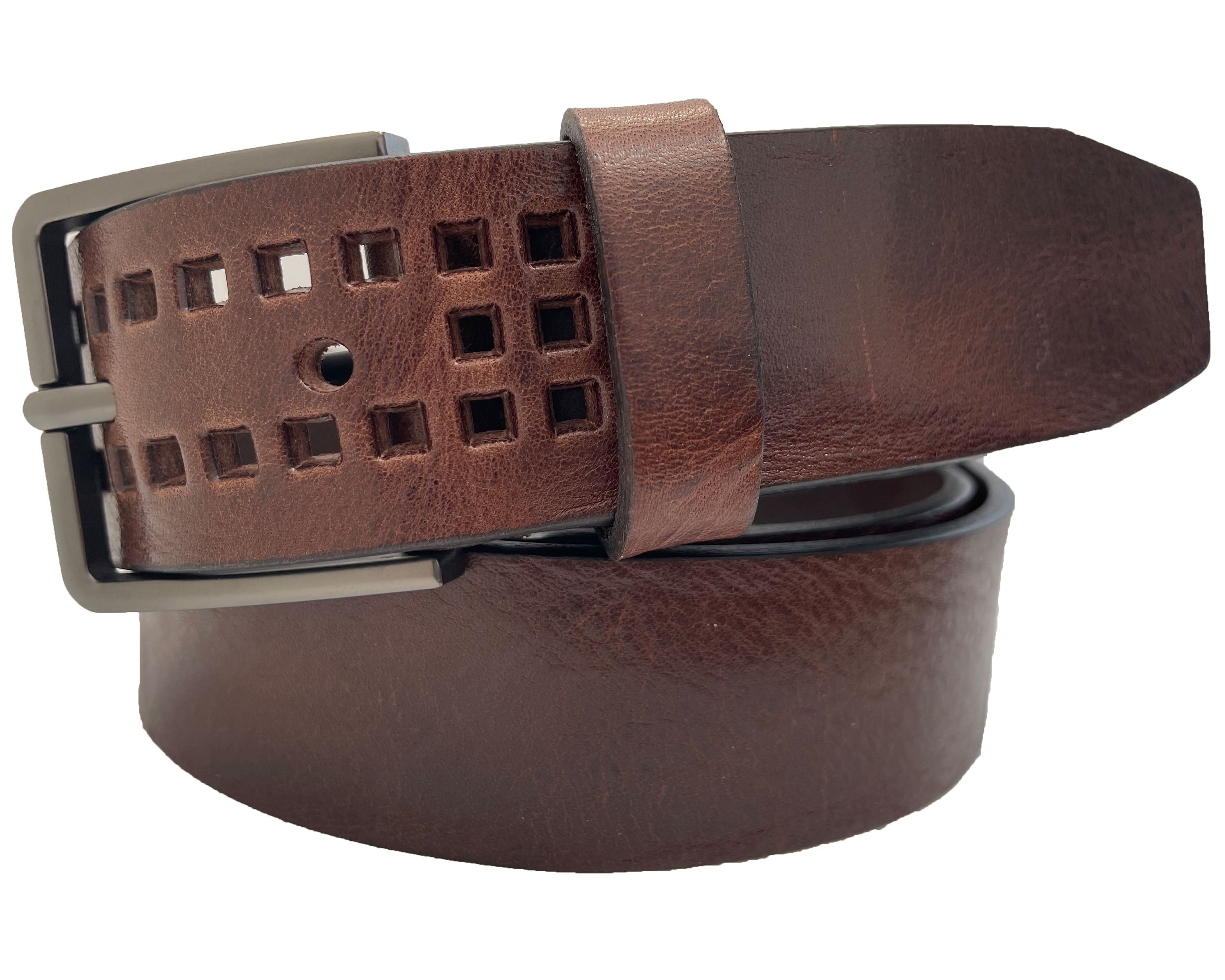 DISTRESSED BROWN LEATHER SQUARE DESIGN 35MM LEATHER BELT