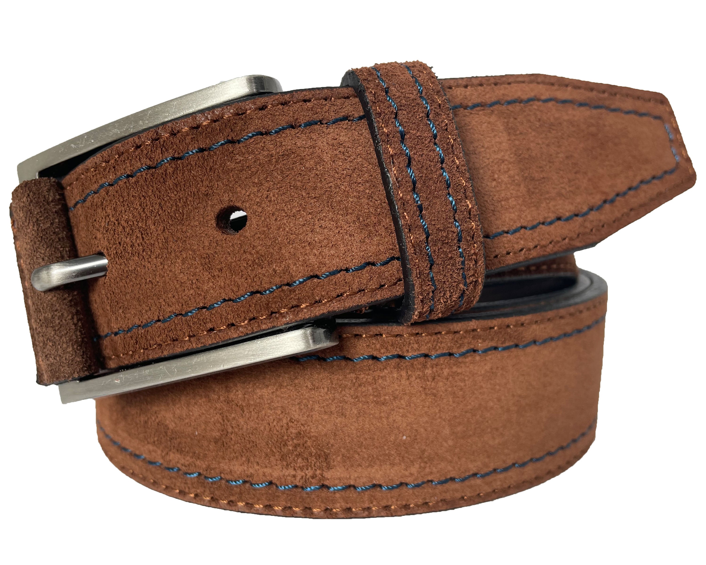 BROWN SUEDE BELT WITH BLUE CONTRAST STITCH 35MM