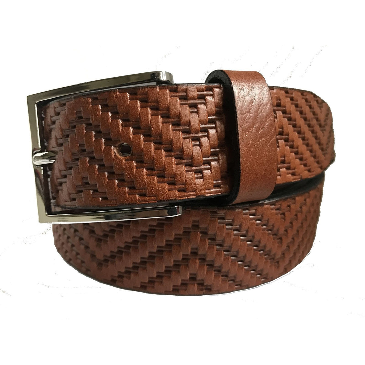 Cognac Tan 35mm Italian Leather Belt Woven Finish