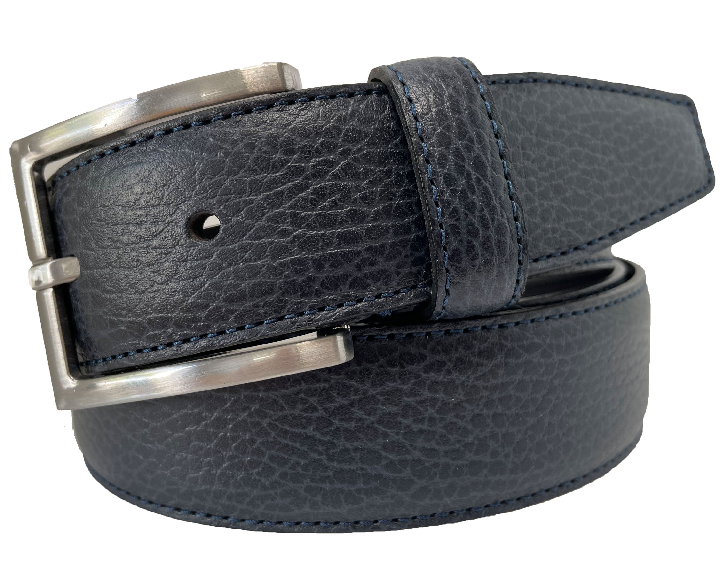 GRAINED DARK BLUE CALF LEATHER SINGLE STITCHED 35MM LEATHER BELT