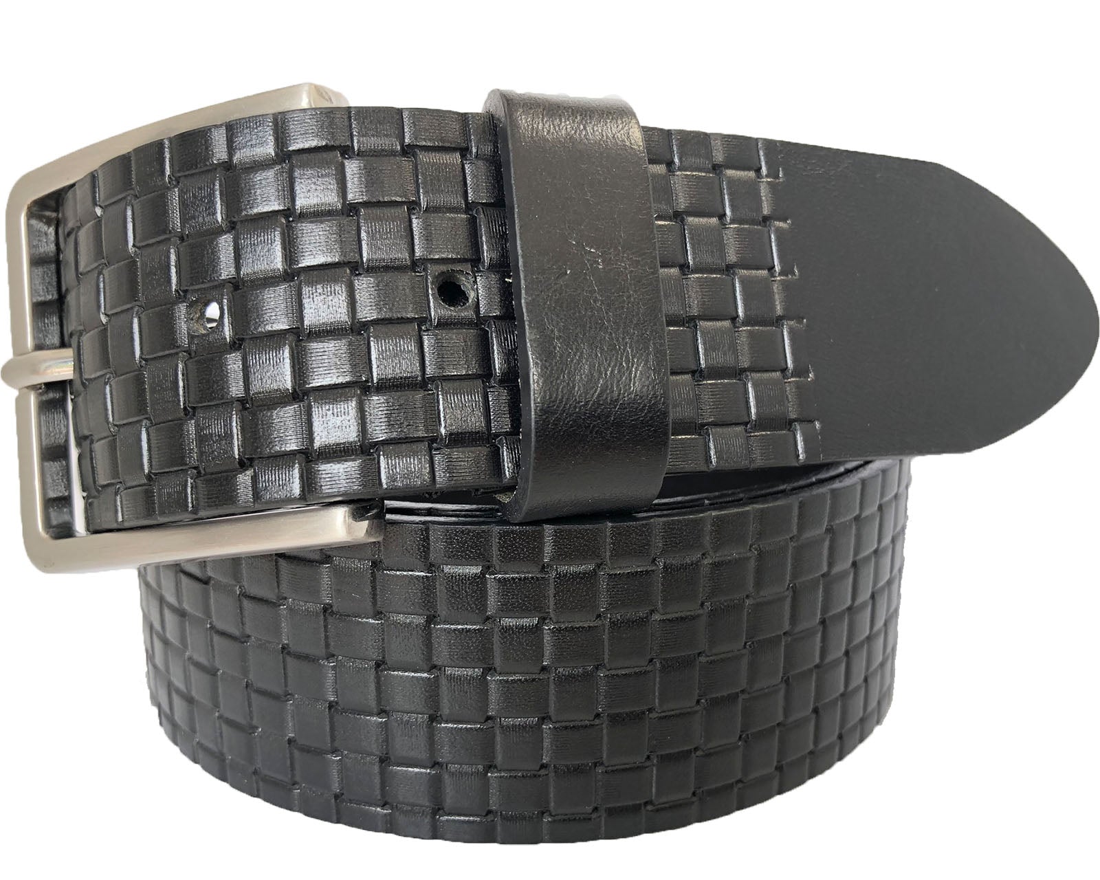 BLACK 40MM TEXTURED EMBOSS CHECK HIDE LEATHER