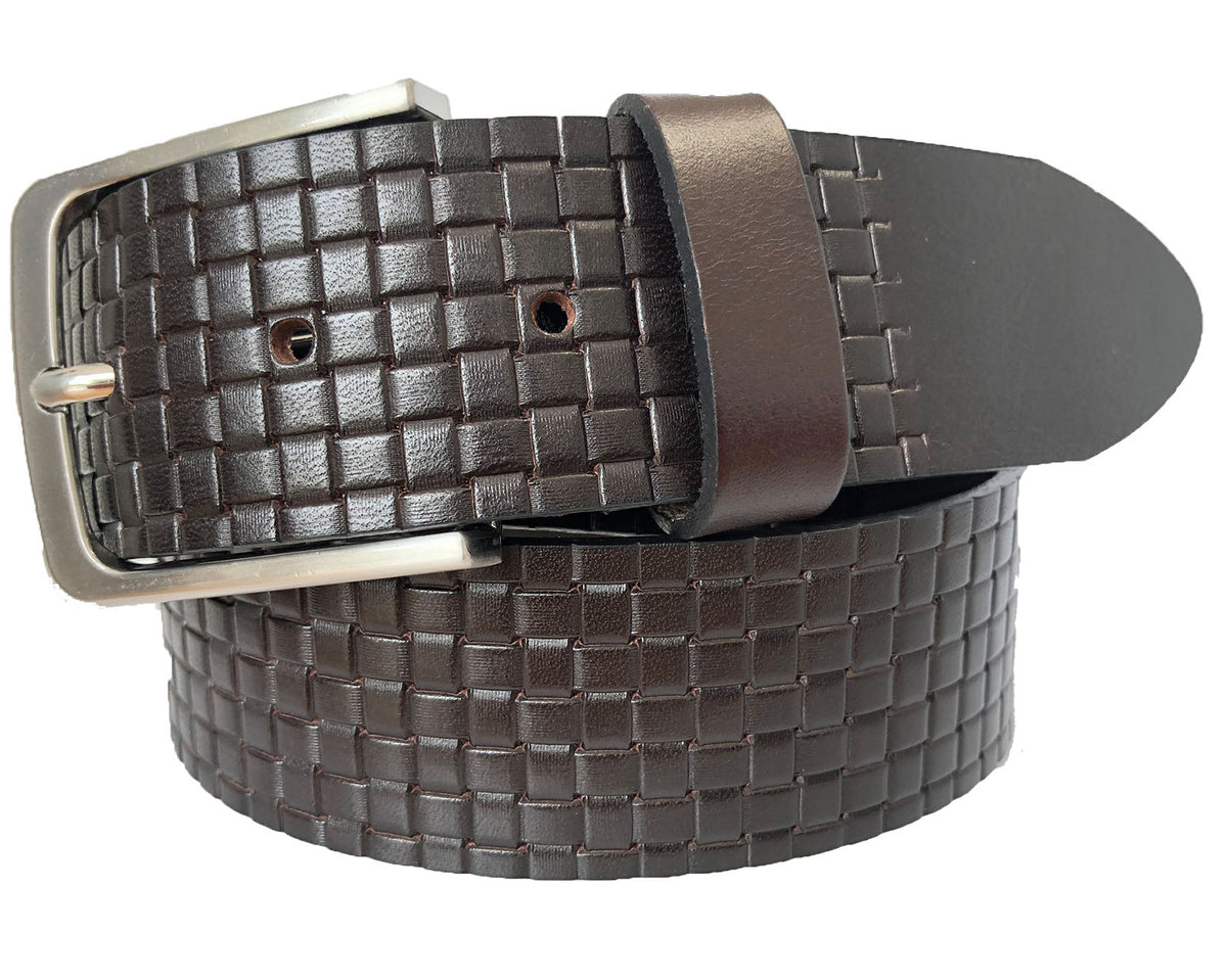 Brown 40mm Italian Leather Belt Checked Texture