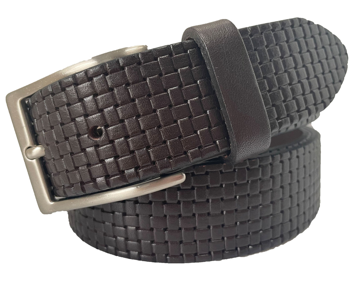 Brown 35mm Italian Leather Belt Checked Texture