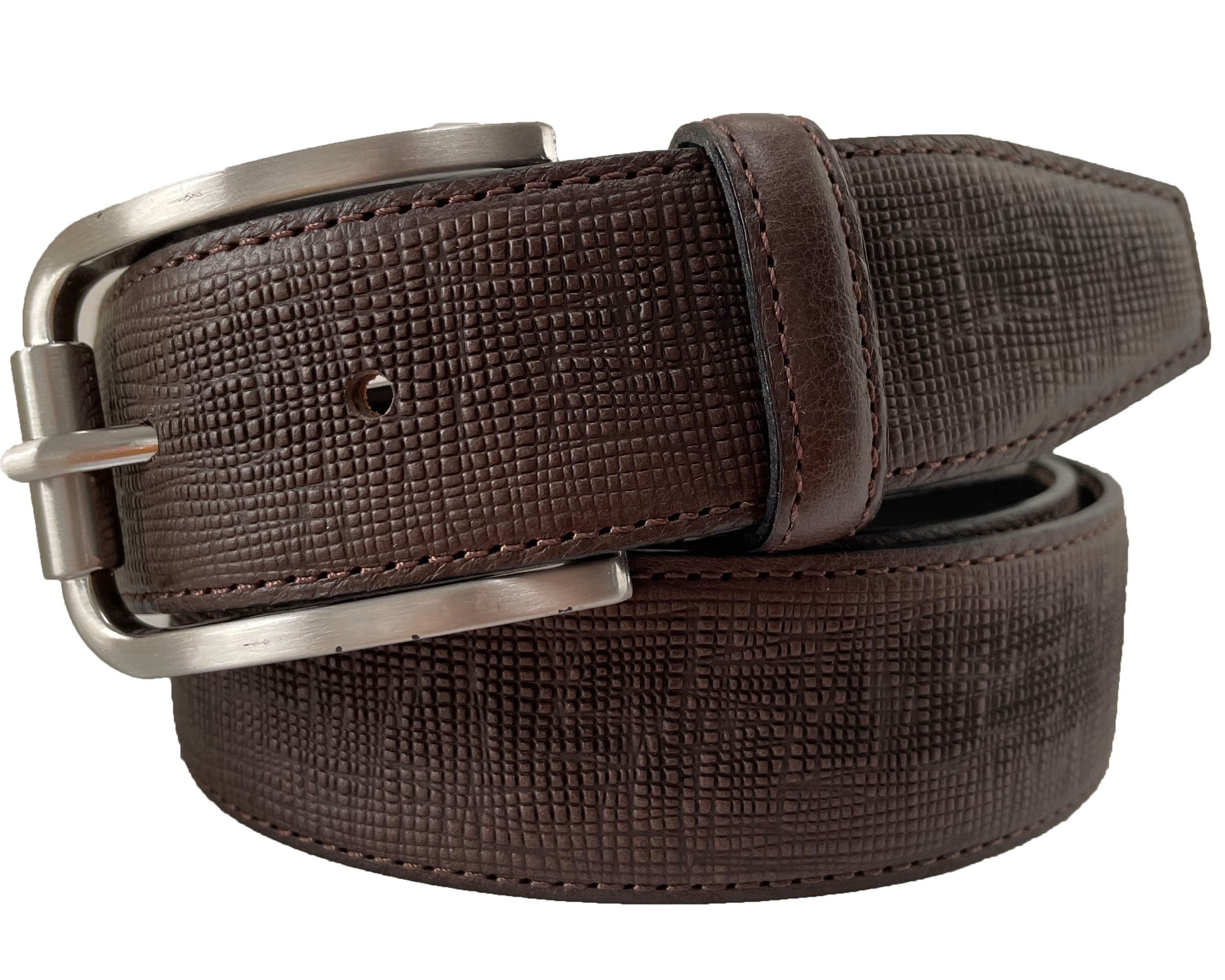 BROWN IMPRINTED CROSS GRAIN LEATHER 35MM LEATHER BELT