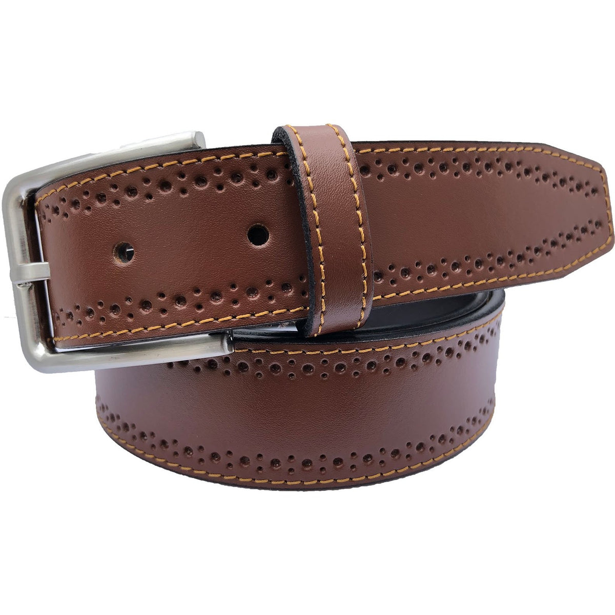 Cognac Tan 35mm Italian Calf Leather Belt Brogue Detailing
