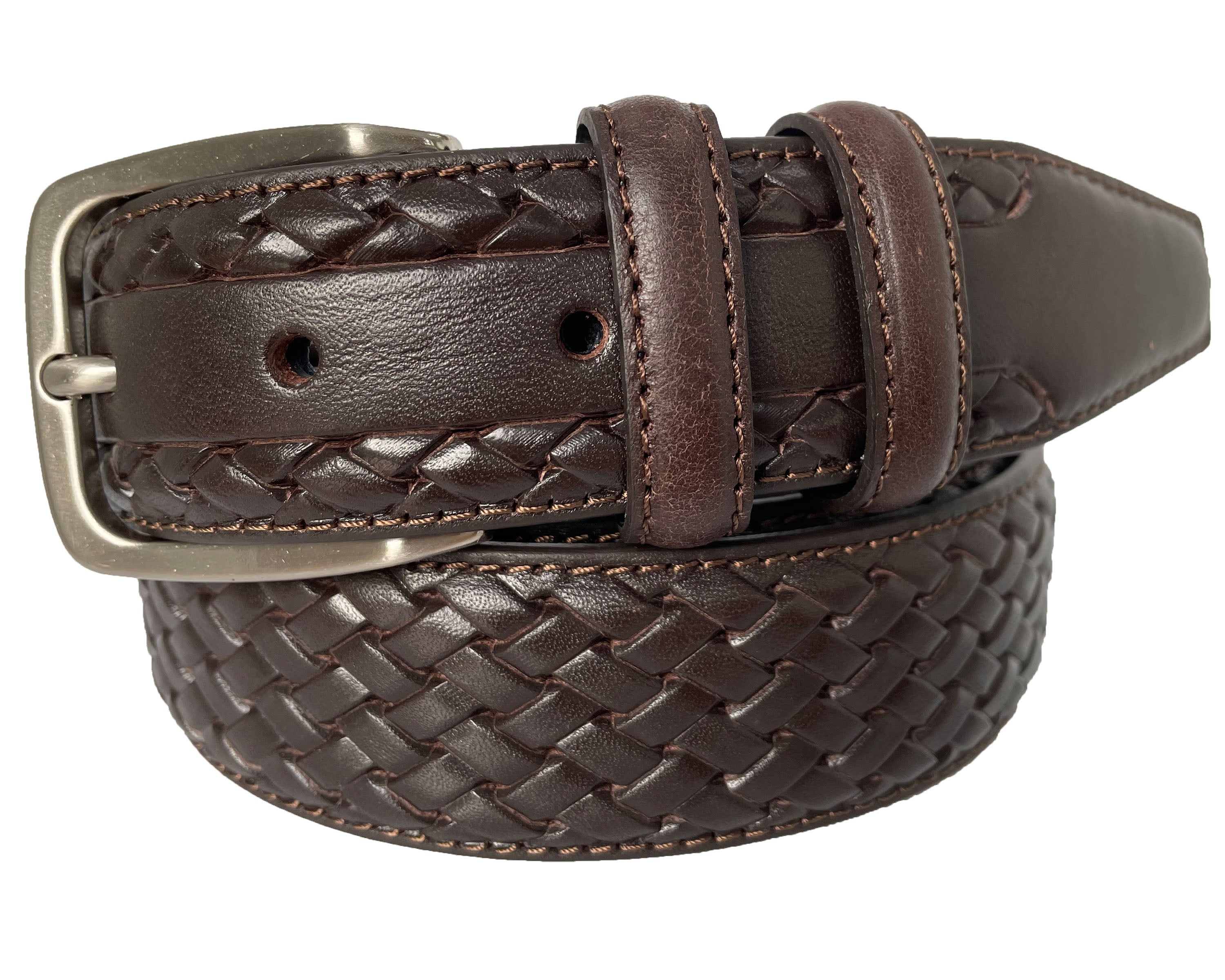 BROWN LEATHER BRAID WEAVE EMBOSSED 35MM LEATHER BELT