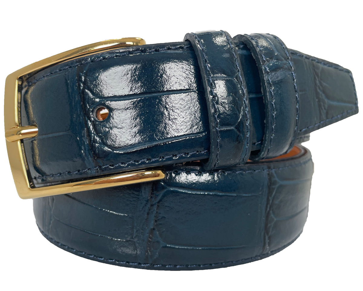 Blue 35mm Italian Leather Belt with gold buckle