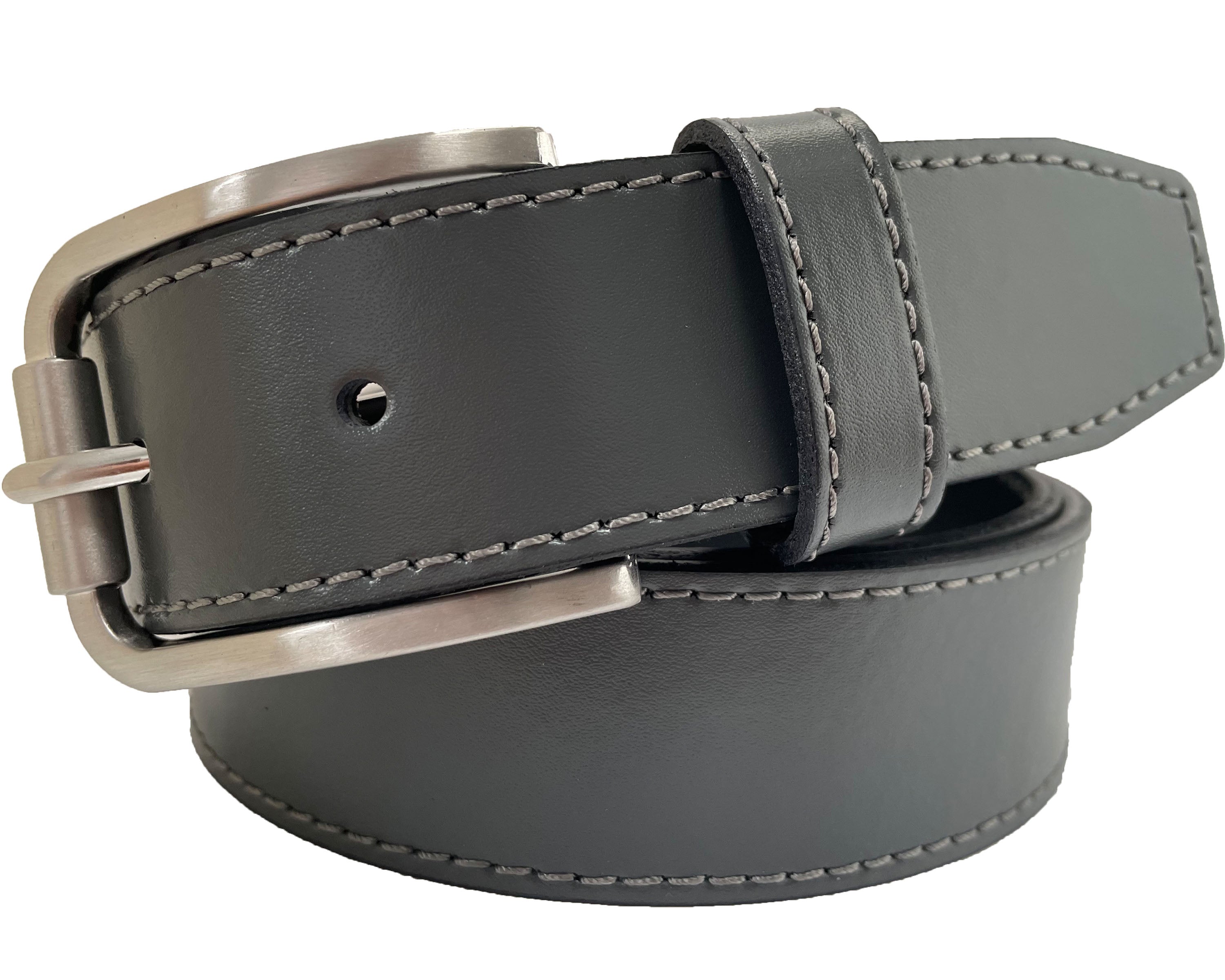 GREY CALF LEATHER 35MM LEATHER BELT ROLL BUCKLE