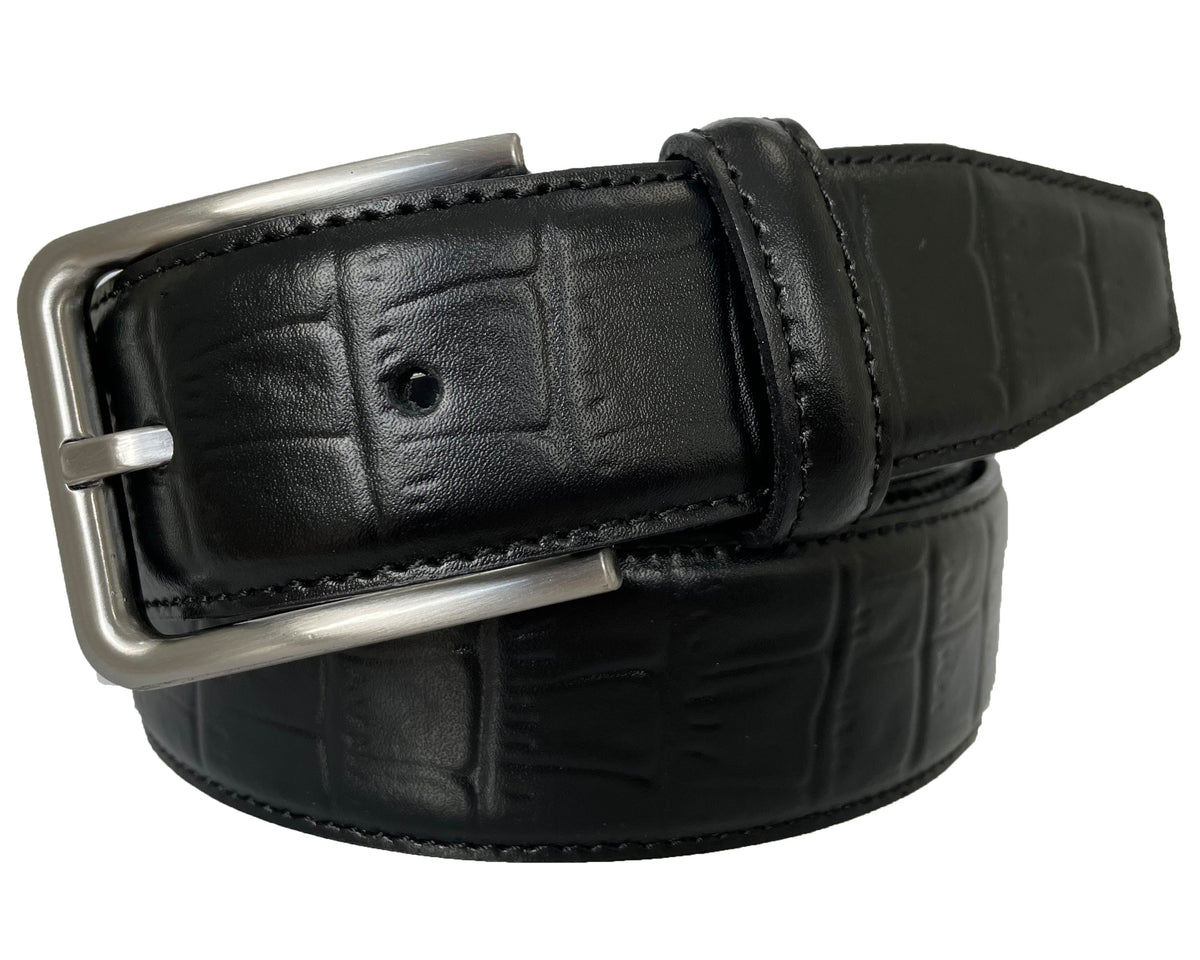 Black 35mm Italian Leather Belt Crocodile Print
