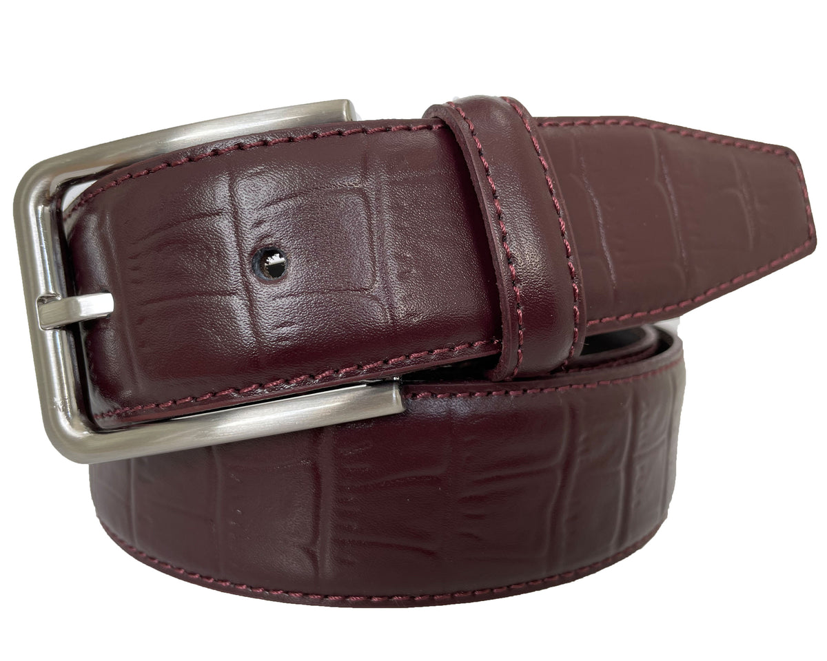 Burgundy 35mm Italian Leather Belt Crocodile Print