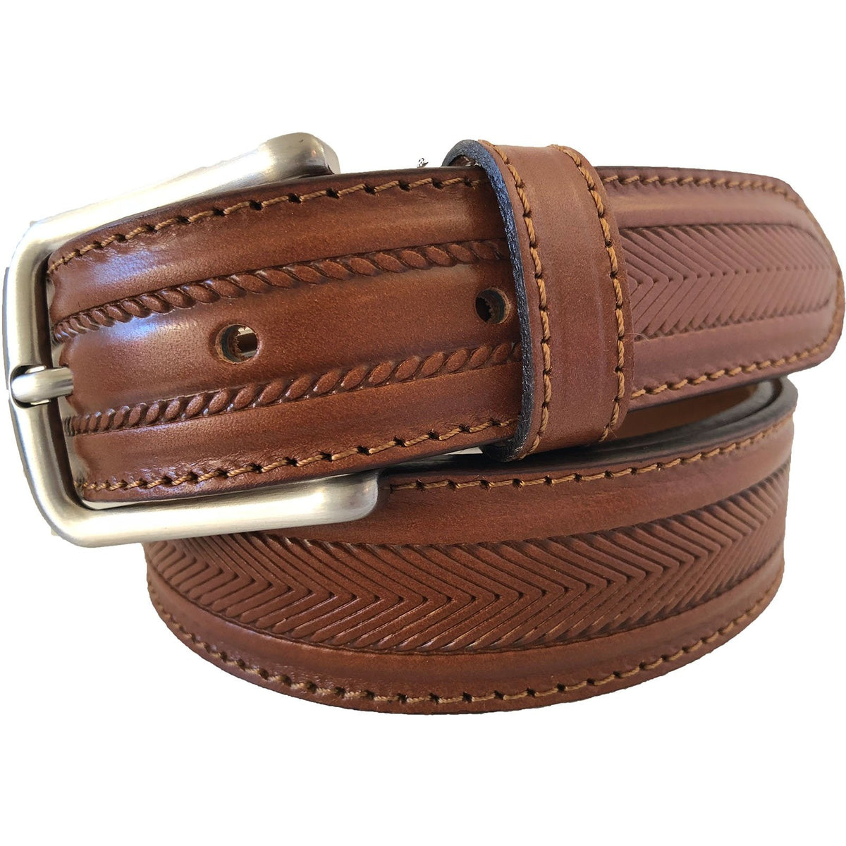 Tan 35mm Italian Leather Belt Herringbone Texture