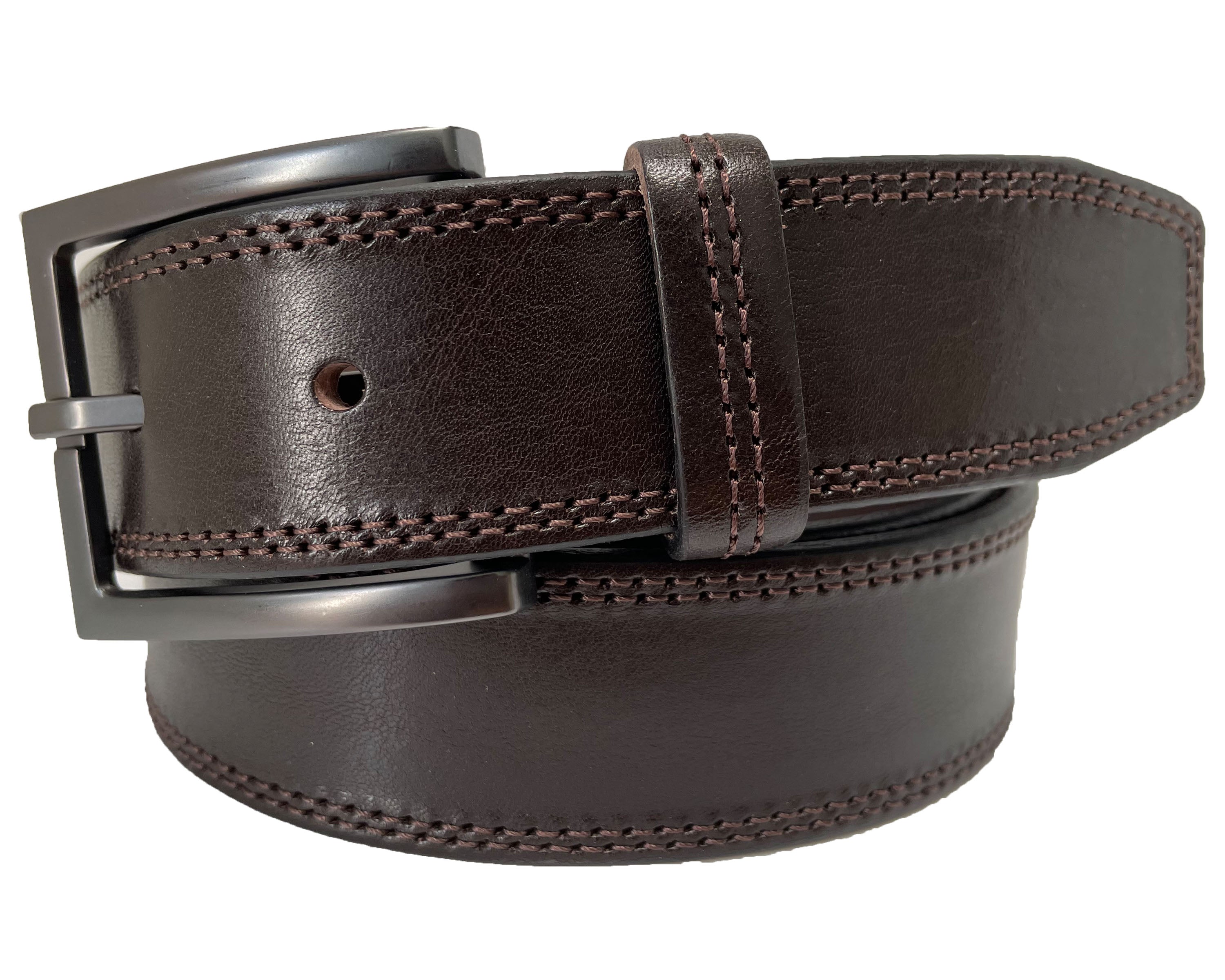 DARK BROWN DOUBLE STITCHED HIDE LEATHER BELT 35MM