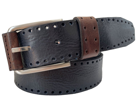 BLUE DISTRESSED HIDE LEATHER BELT WITH LEATHER BUCKLE TAB 35MM