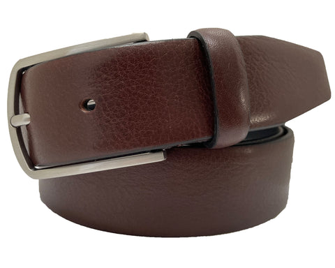 PREMIUM BROWN CALF LEATHER BELT ROUNDED BUCKLE 35MM