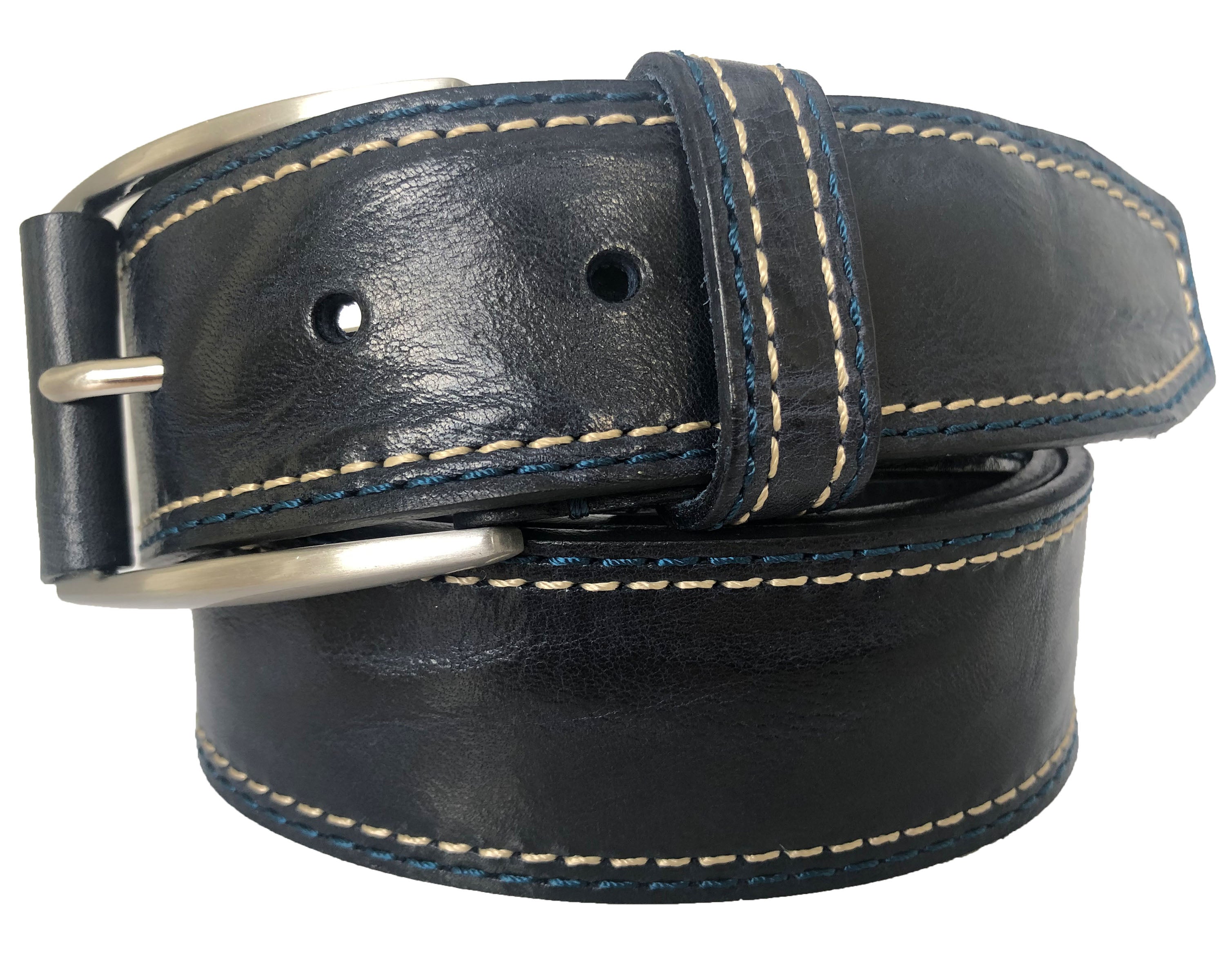 DARKEST BLUE 40MM HIDE LEATHER BELT WITH LEATHER BUCKLE TAB