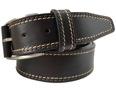 BROWN 40MM CONTRAST DOUBLE STITCHED HIDE LEATHER BELT