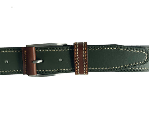 DARK GREEN 40MM CONTRAST DOUBLE STITCHED HIDE LEATHER BELT