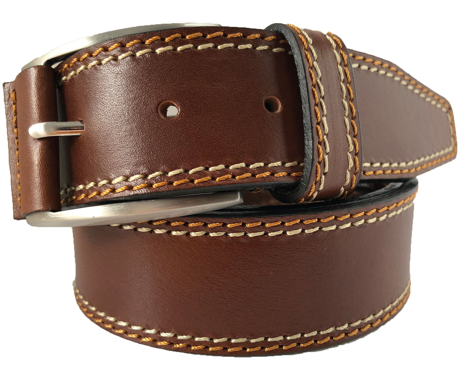 TAN 40MM CONTRAST DOUBLE STITCHED HIDE LEATHER BELT