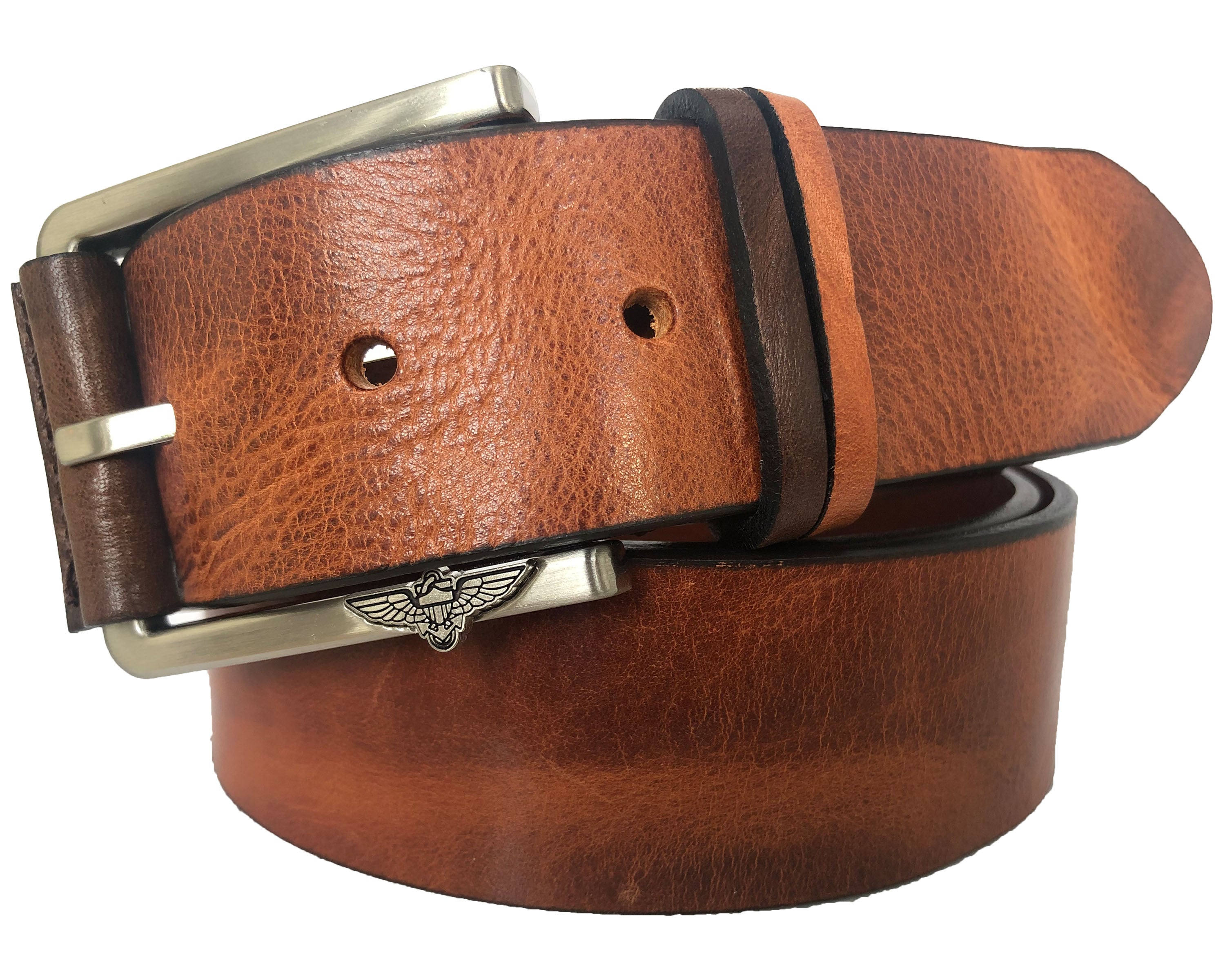 TAN DISTRESSED HIDE LEATHER BELT WITH LEATHER EAGLE BUCKLE TAB 40MM