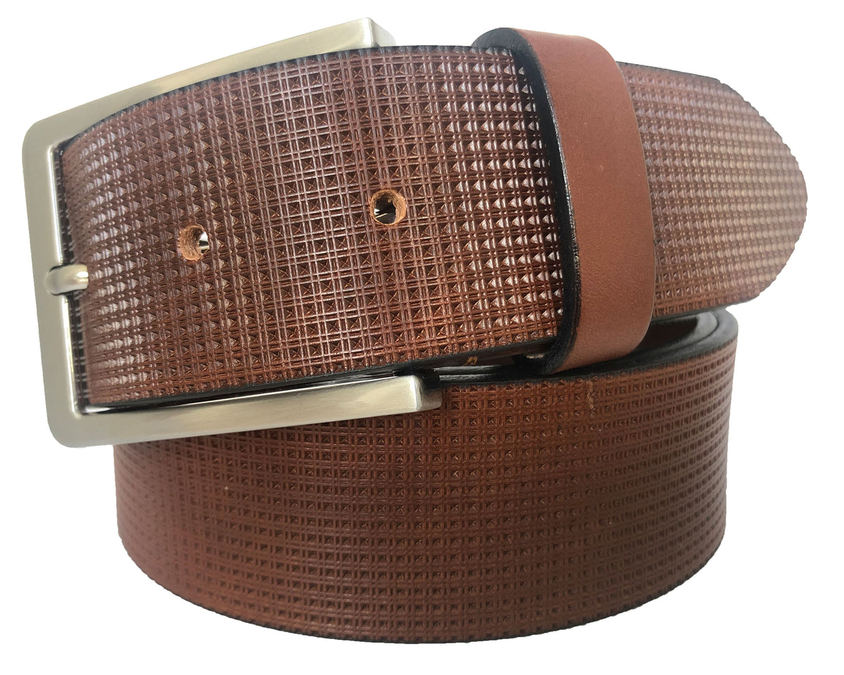 Cognac 40mm Italian Leather Belt Micro-Check Texture