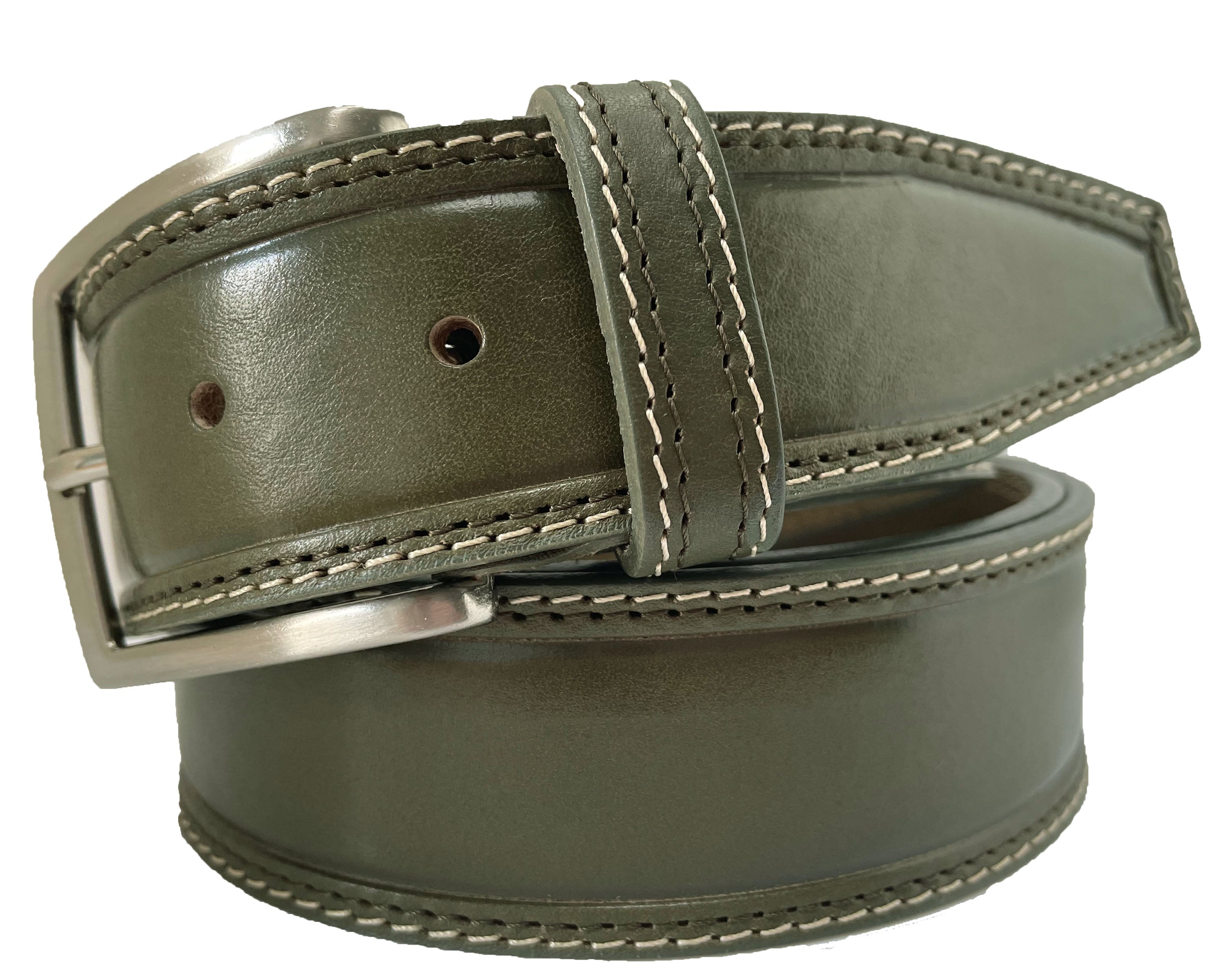 MILITARY GREEN DOUBLE STITCHED LEATHER BELT