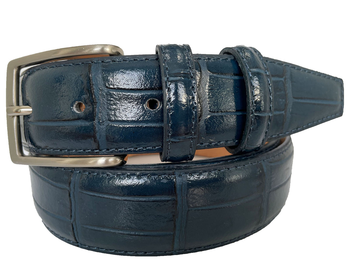 Blue 35mm Italian Leather Belt Crocodile Print