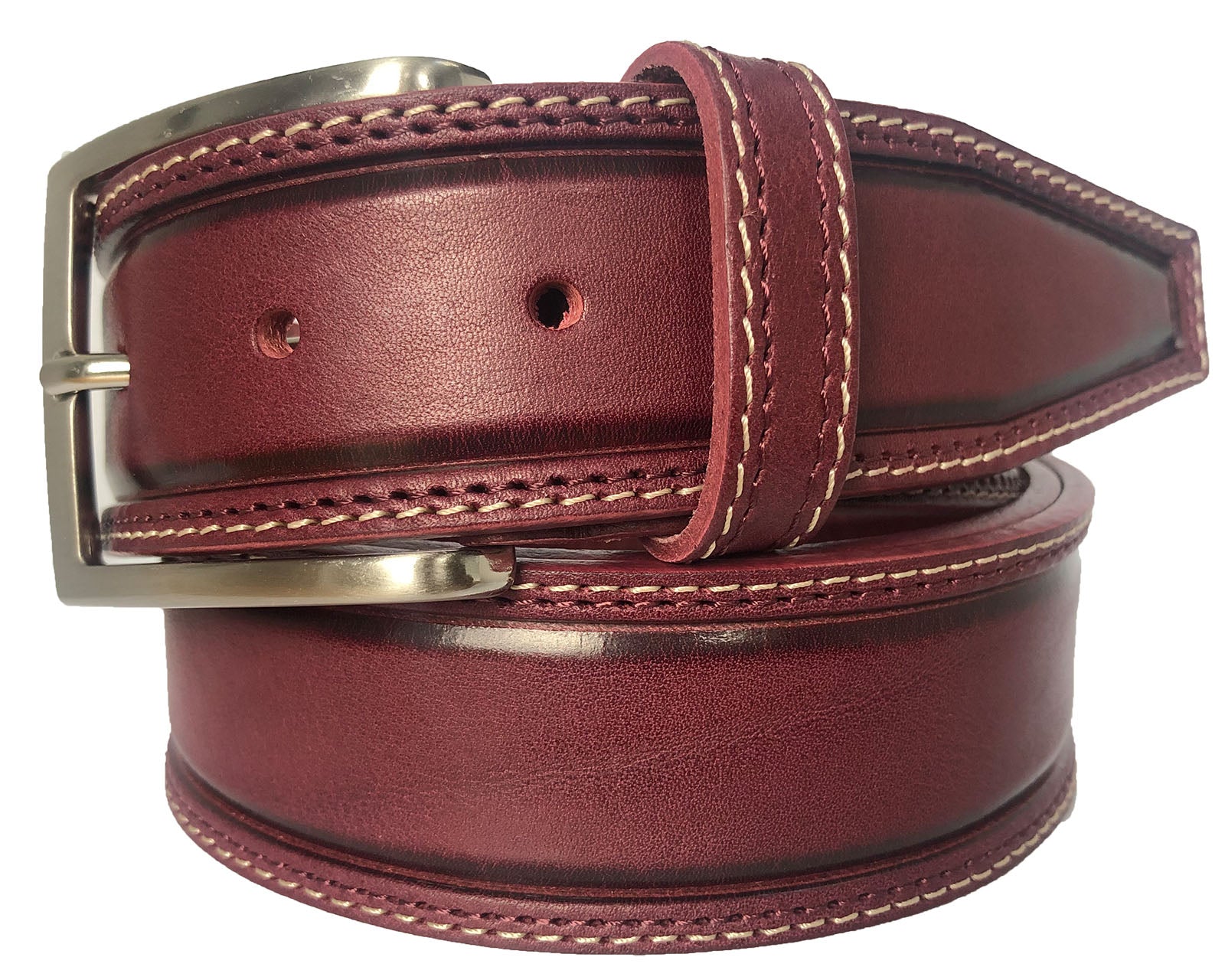 BURGUNDY DOUBLE STITCHED LEATHER BELT