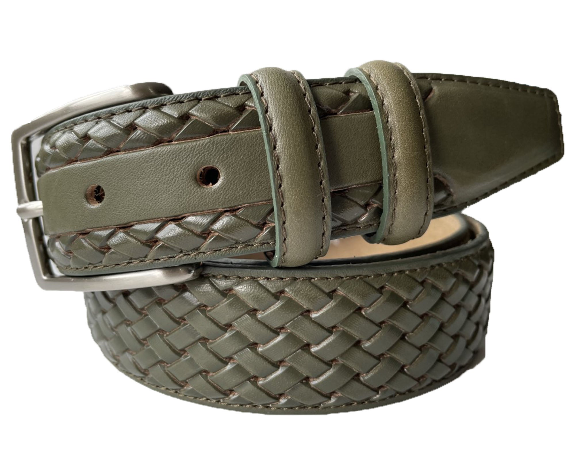 OLIVE GREEN CALF LEATHER BRAID WEAVE EMBOSSED 35MM LEATHER BELT