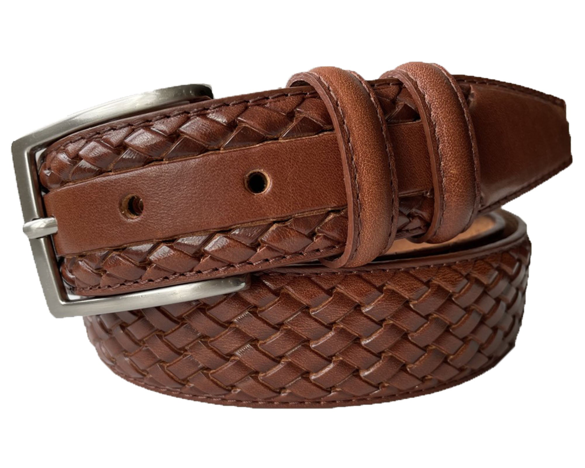 WARM TAN CALF LEATHER BRAID WEAVE EMBOSSED 35MM LEATHER BELT