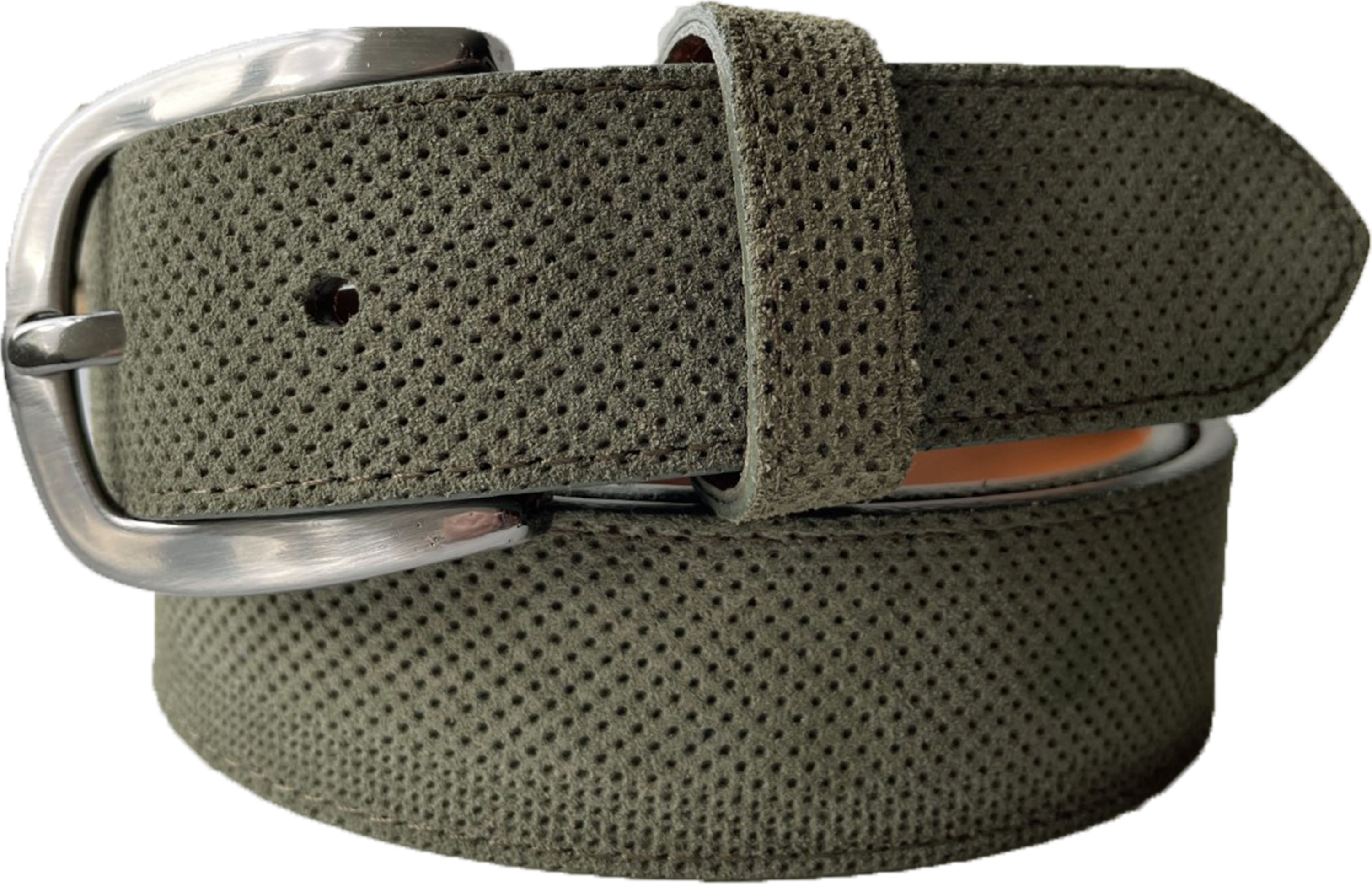 PERFORATED OLIVE GREEN SUEDE BELT 35MM