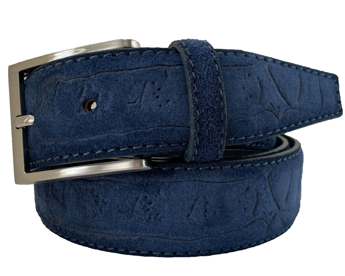 Blue 35mm Italian Suede Belt Embossed Finish