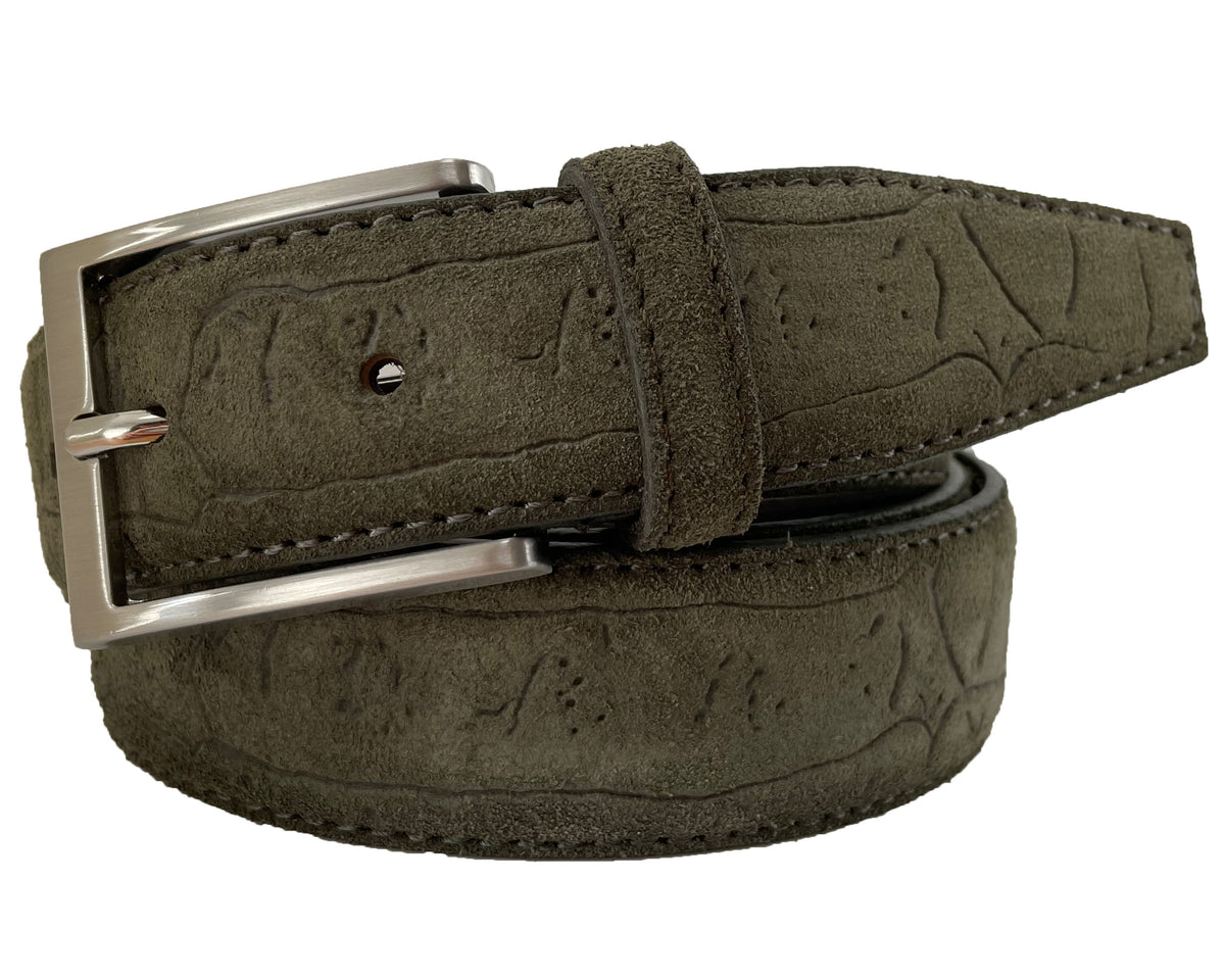 Olive Green 35mm Italian Suede Belt Embossed Finish