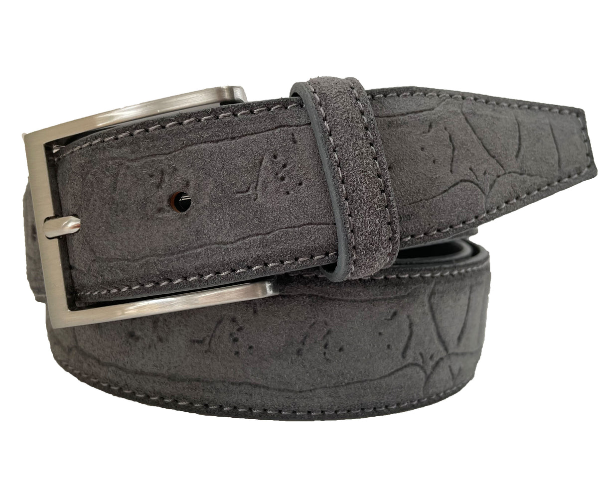 Grey 35mm Italian Suede Belt Embossed Finish