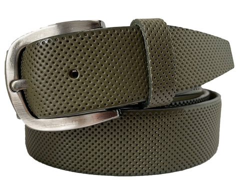 OLIVE GREEN LEATHER BELT PERFORATED EMBOSSED HIDE 35MM