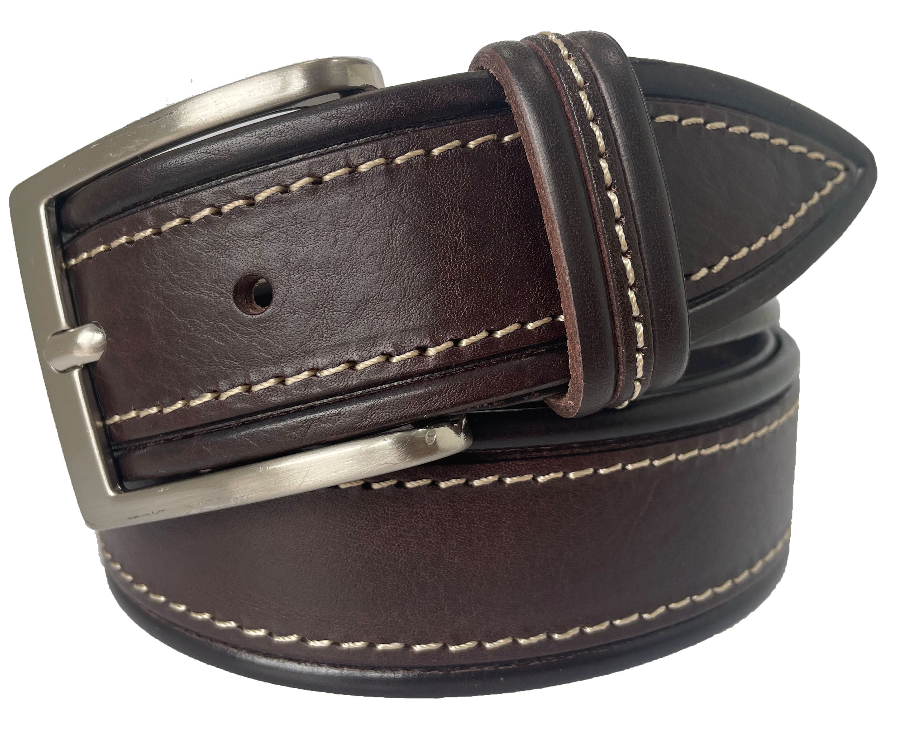 RICH BROWN TAPERED TIP CREAM STITCHED LEATHER BELT