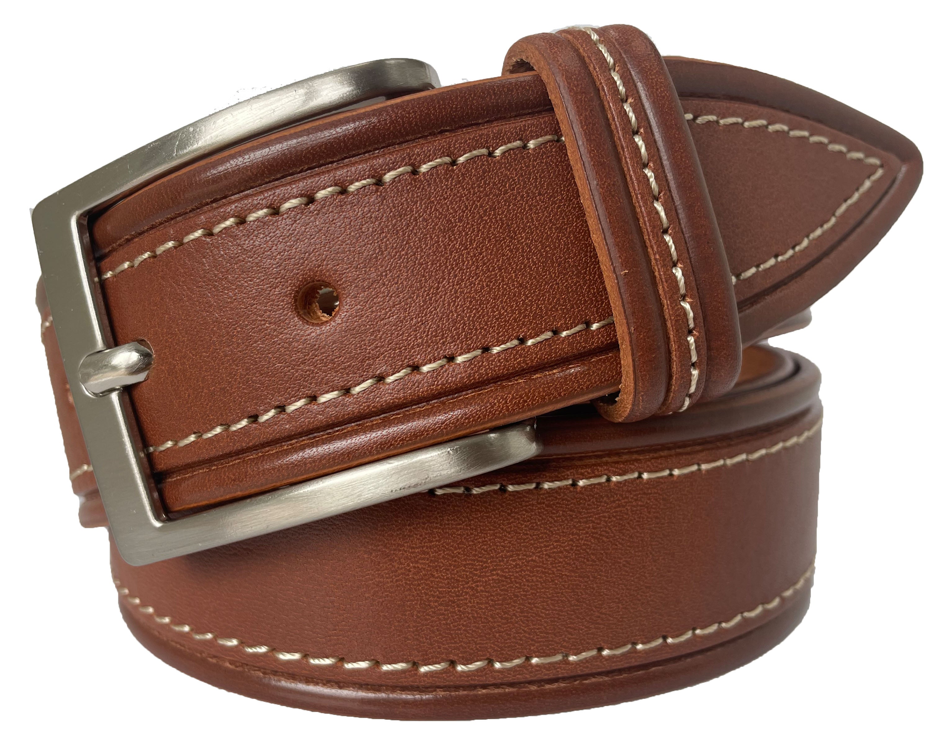 COGNAC TAN TAPERED TIP CREAM STITCHED LEATHER BELT