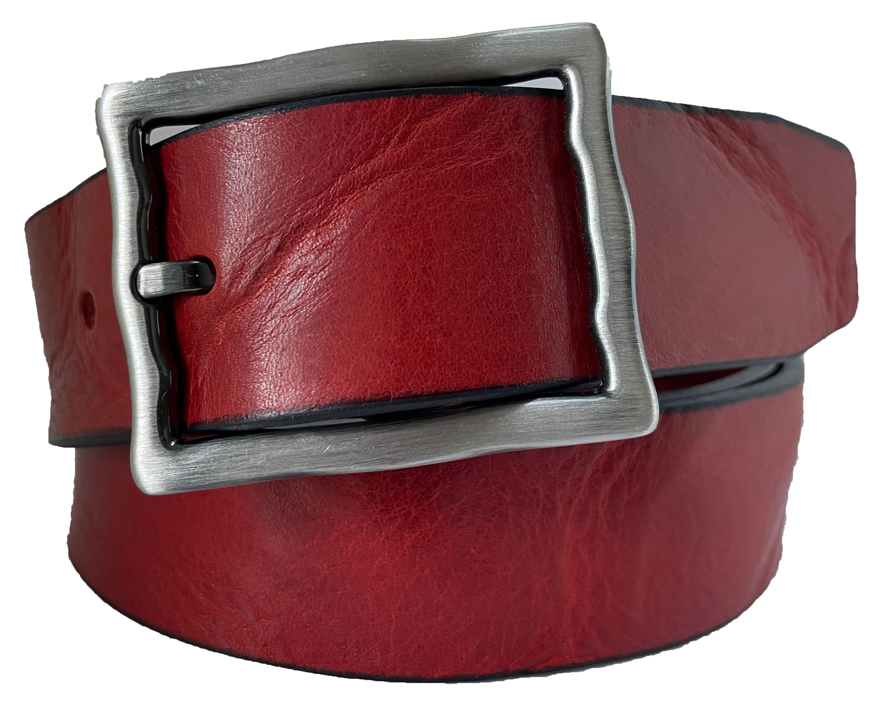 RED 35MM DISTRESSED HIDE LEATHER BELT RECTANGLE BUCKLE