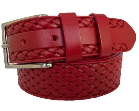 RED LEATHER BRAID WEAVE EMBOSSED 35MM LEATHER BELT