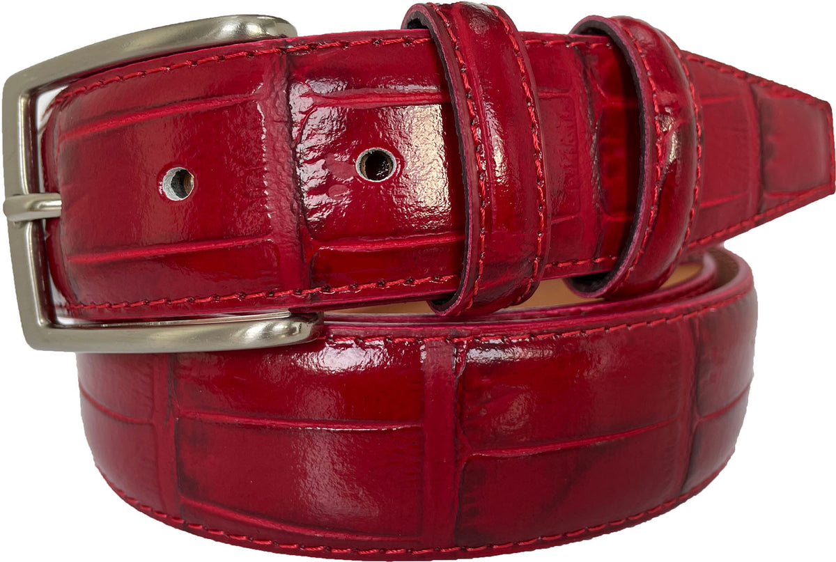 Red 35mm Italian Leather Belt Crocodile Print