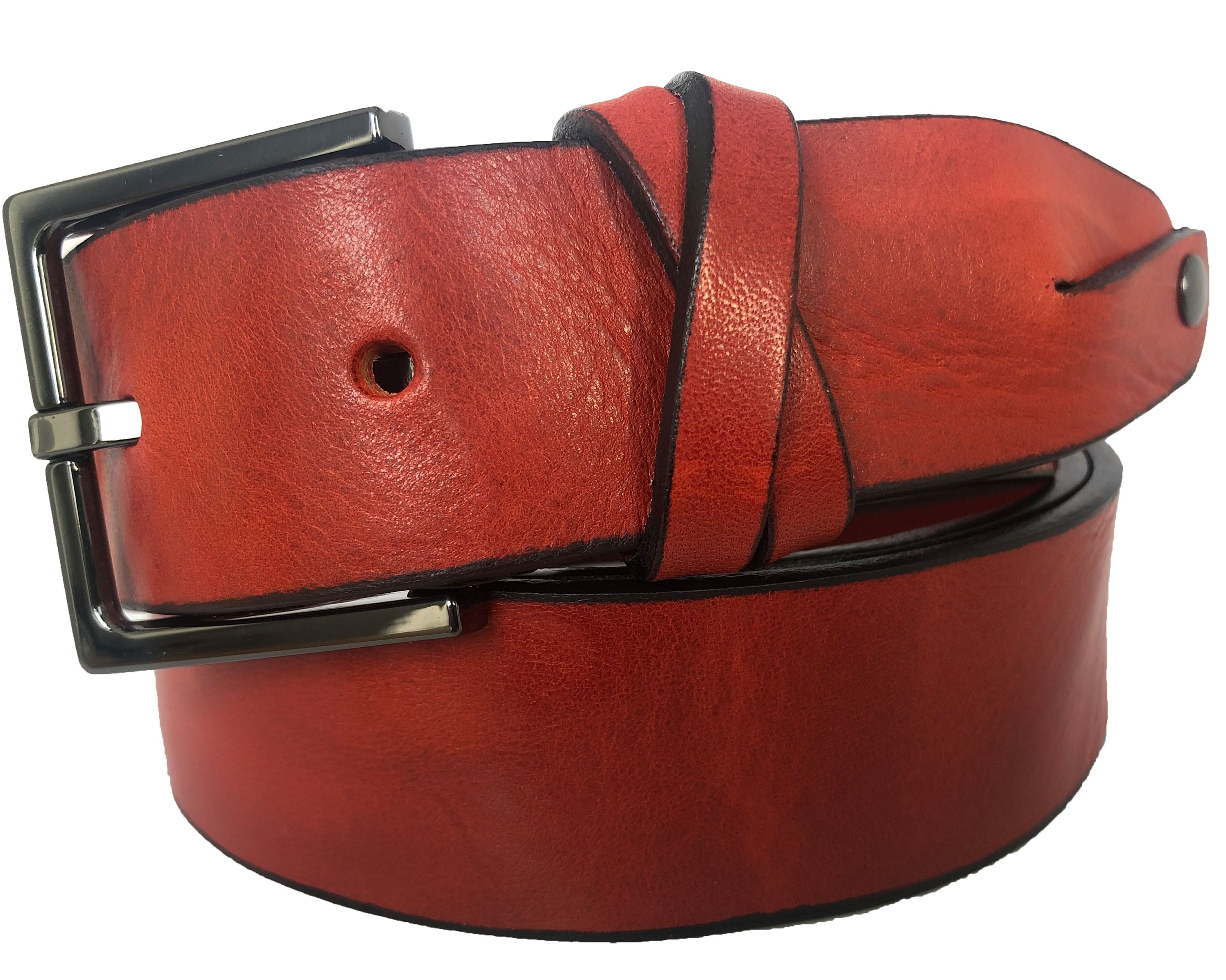RED DISTRESSED HIDE WITH CROSS LOOP 35MM LEATHER BELT