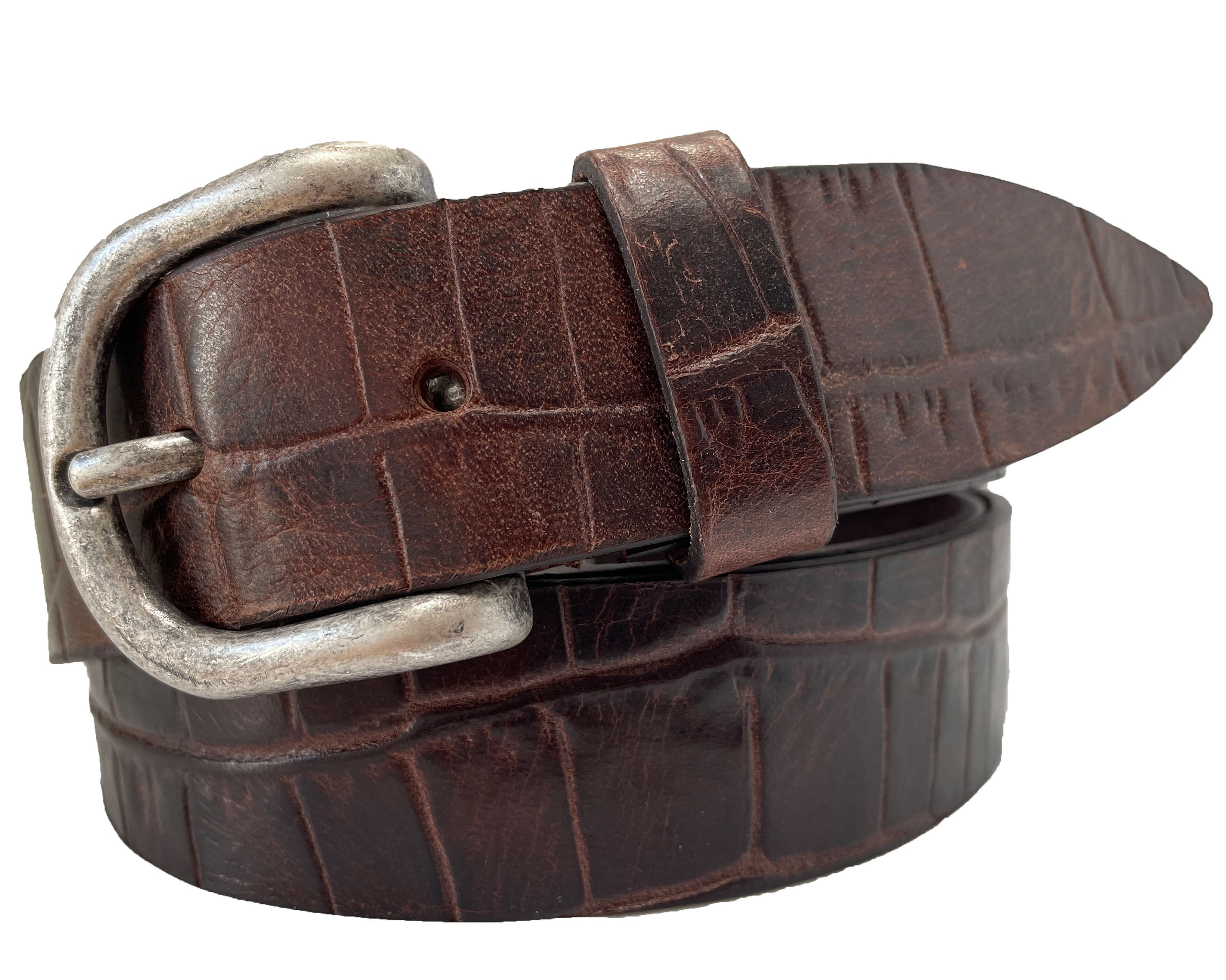 BROWN REPTILE EMBOSSED 35MM LEATHER BELT